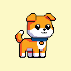 A cheerful pixel art dog with a blue collar and orange fur, standing proudly in a playful retro style