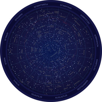 round Planisphere chart of stars, astronomy of the northern hemisphere, constellation graphic resource for sky watching and stargazing 35th degree with star shapes on major stars