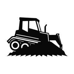Bulldozer Silhouette Linocut Style Pushing Dirt With Sharp Blade