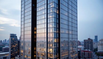 Fototapeta premium Skyscrapers with glass facades are characterized by their sleek and contemporary design, utilizing floor to ceiling windows to create a seamless connection between the interior and exterior spaces.