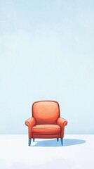 A vibrant orange armchair stands alone against a light blue wall, evoking a sense of minimalism and comfort.