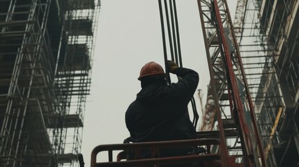 A construction worker operating a crane at a building site. Featuring precision and heavy lifting