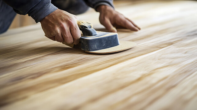 Carpenter sanding a wooden surface for a smooth finish. Featuring fine woodworking and sanding techniques