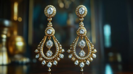 Pair of exquisite ornate earrings featuring sparkling gemstones and gold
