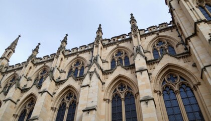 Fototapeta premium Elaborate flying buttresses supporting the exterior walls of the cathedral, featuring intricate stone carvings and delicate tracery windows.