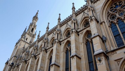 Elaborate flying buttresses supporting the exterior walls of the cathedral, featuring intricate stone carvings and delicate tracery windows.