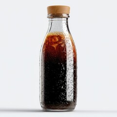 Clear glass bottle of iced coffee drink with cork top.