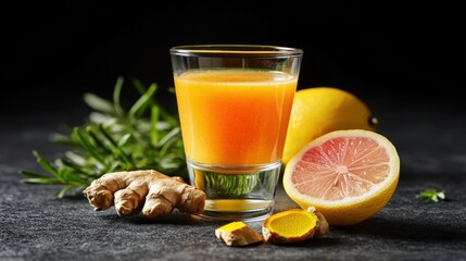 Fototapeta premium A refreshing glass of orange juice with ginger, turmeric, lemon, grapefruit, and rosemary against a dark surface exuding healthy vitality and flavor