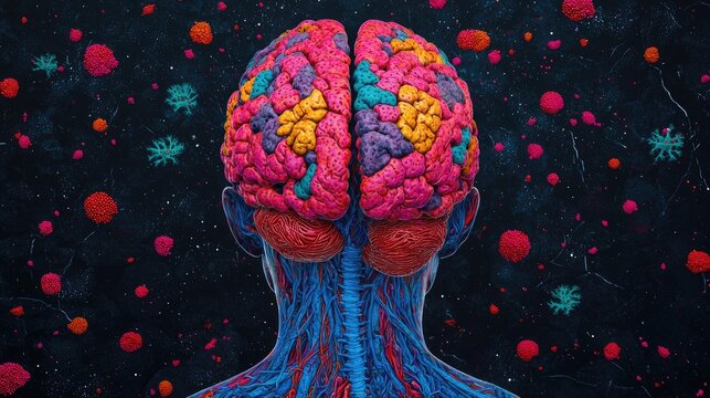 biology genetics adaptation concept. Surreal illustration of a human brain with vibrant colors against a dark background.
