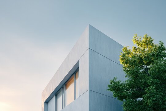 sleek modern exterior wall of stylish house with angles and clean lines is illuminated by soft natural daylight