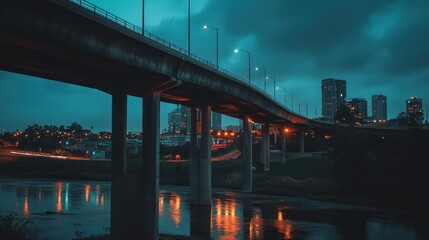 Fototapeta premium A city bridge illuminated with lights across a reflective water body
