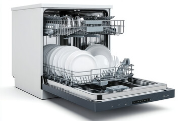 White dishwasher with open door, dishes neatly stacked inside, kitchen counter cluttered with drying rack and utensils in background.