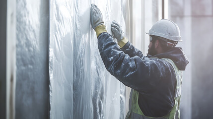 Construction laborer applying insulation to a building wall. Featuring insulation work and energy efficiency