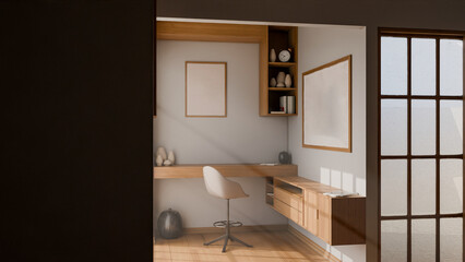 A Japanese style room with a desk and chair, a window, and a shelf. The room is well lit and has a minimalist design premium photo 3d render