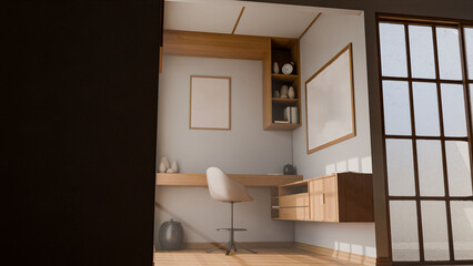 A Japanese style room with a desk and chair, a window, and a shelf. The room is well lit and has a minimalist design premium photo 3d render