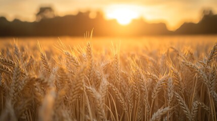 Golden wheat field at sunset, bathed in warm light.