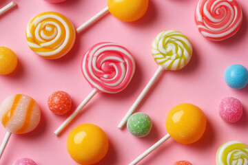 Colorful toys on pink background.