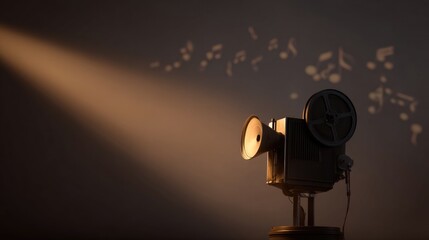 vintage film projector sits in dimly lit room casting warm golden beam surrounded by musical notes floating delicately