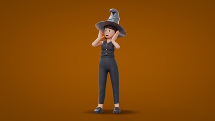 3D Cartoon Witch amazed to something Halloween Celebration