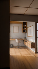 A Japanese style room with a desk and chair, a window, and a shelf. The room is well lit and has a minimalist design premium photo 3d render