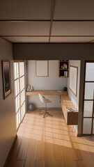 A Japanese style room with a desk and chair, a window, and a shelf. The room is well lit and has a minimalist design premium photo 3d render