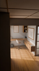 A Japanese style room with a desk and chair, a window, and a shelf. The room is well lit and has a minimalist design premium photo 3d render