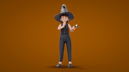 3D Cartoon Witch whispered while holding candle in left hand Halloween Celebration