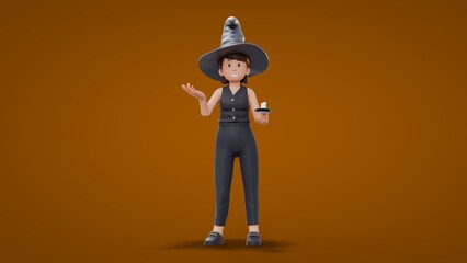 3D Cartoon Witch holding candle Halloween Celebration