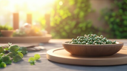 Wooden bowl filled with fresh sprouted mung beans on wooden coaster outdoors, sunlight shining with blurred greenery and other bowls in the background