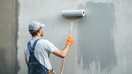 A construction worker painting a concrete wall. Featuring meticulous work and coverage