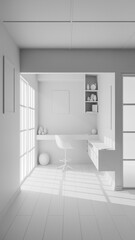 A Japanese style room with a desk and chair, a window, and a shelf. The room is well lit and has a minimalist design premium photo 3d render