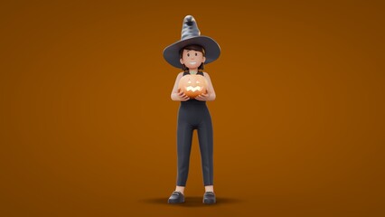 3D Cartoon Witch holding pumpkins with both hand while smiling Halloween Celebration
