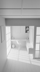 A Japanese style room with a desk and chair, a window, and a shelf. The room is well lit and has a minimalist design premium photo 3d render