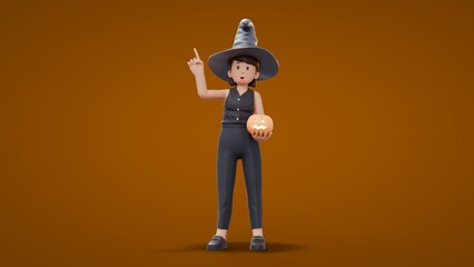 3D Cartoon Witch holding pumpkins while pointing Halloween Celebration