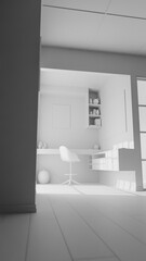 A Japanese style room with a desk and chair, a window, and a shelf. The room is well lit and has a minimalist design premium photo 3d render