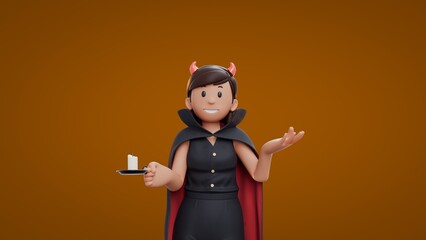 3D Cartoon dracula girls holding candle while smiling to the camera Halloween Celebration