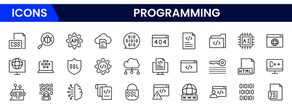Programming and coding icon set. Software development icon collection. Contains such Icons as code, api, programmer, developer, information technology, coder, and more