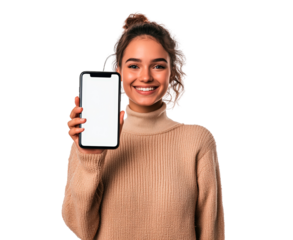 Young woman smiling and showing screen phone