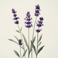 Naklejka premium Illustration of several sprigs of lavender with green leaves on light background