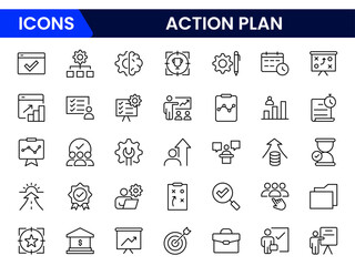 Action plan icon set. Containing planning, schedule, strategy, analysis, tasks, goal, collaboration, and objective icons. Vector illustration collection.
