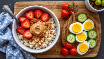 An overhead shot of a balanced breakfast layout showcasing a bowl of oatmeal topped with sliced strawberries, a dollop of almond butter, and a sprinkle of cinnamon