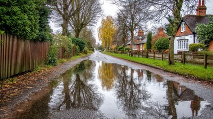 Autumn Reflection in English Village Lane