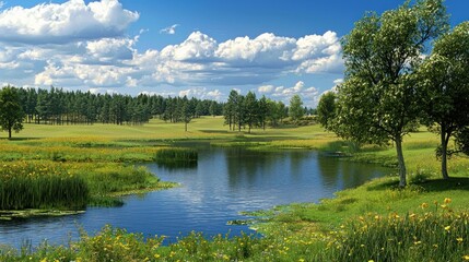Fototapeta premium Serene Lakeside Meadow: A Summer's Day Panorama