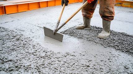 Construction worker handling concrete mix for foundation. Featuring concrete pouring and construction