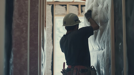 Construction worker installing insulation material in walls. Featuring insulation and energy efficiency