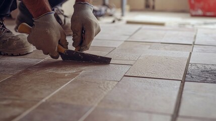A construction worker placing tiles on a floor. Featuring precision and neatness