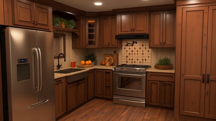 Fototapeta premium Cozy kitchen with warm wooden cabinets