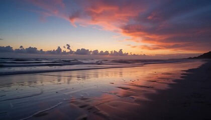 Serene Sunset Beach: Pink and Purple Hues Reflecting on the Sand