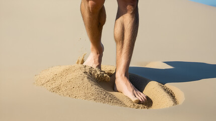 The guy tramples the sand on the beach with his foot. Close-up of the leg