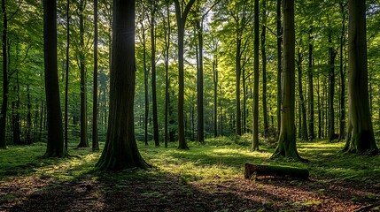 Obraz premium Sunlit forest floor bathed in dappled light.
